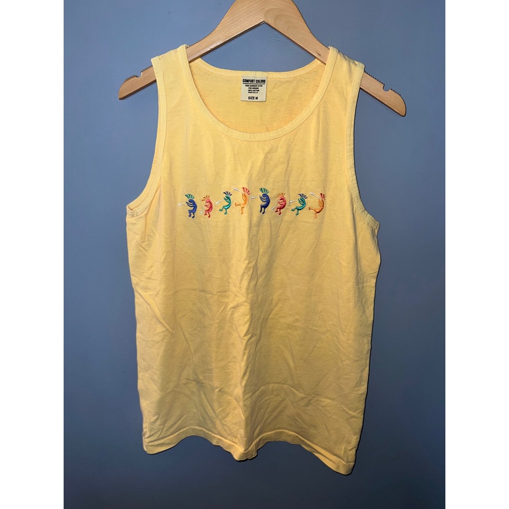 Comfort Colors Yellow Embroidered Kokopelli Tank Top Mens Medium Made in USA